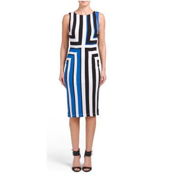 Maggy London Womens Stripe Printed Sleeveless Sheath Jersey Midi Dress Sz 10 NWT - Picture 2 of 14